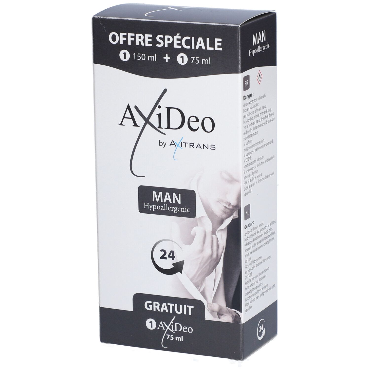 Boîte avec texte: "OFFRE SPÉCIALE", "MAN", "Hypoallergenic", et "GRATIS". Contient deux produits.