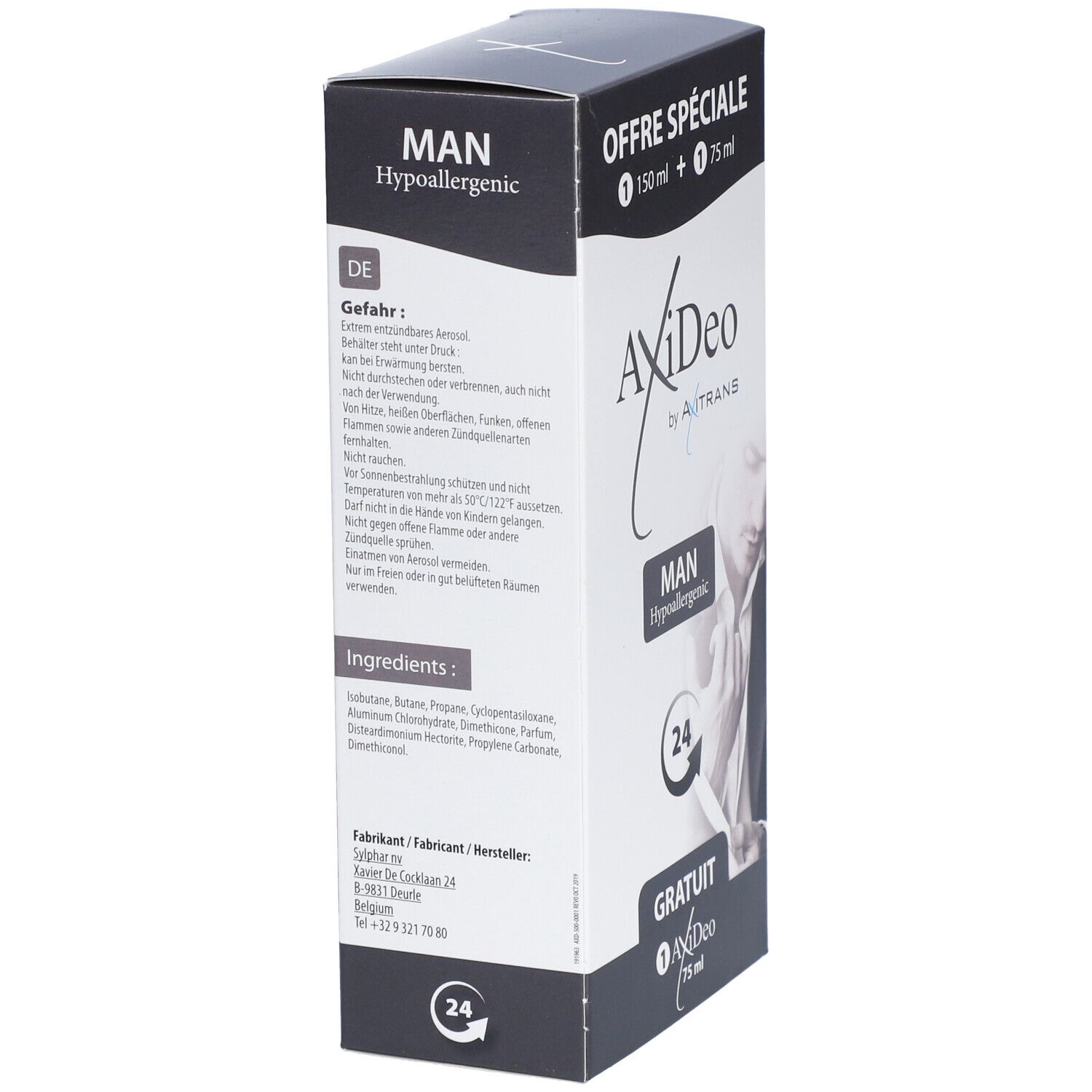Boîte avec texte: "MAN", "Hypoallergenic", et ingrédients. Contient deux produits.
