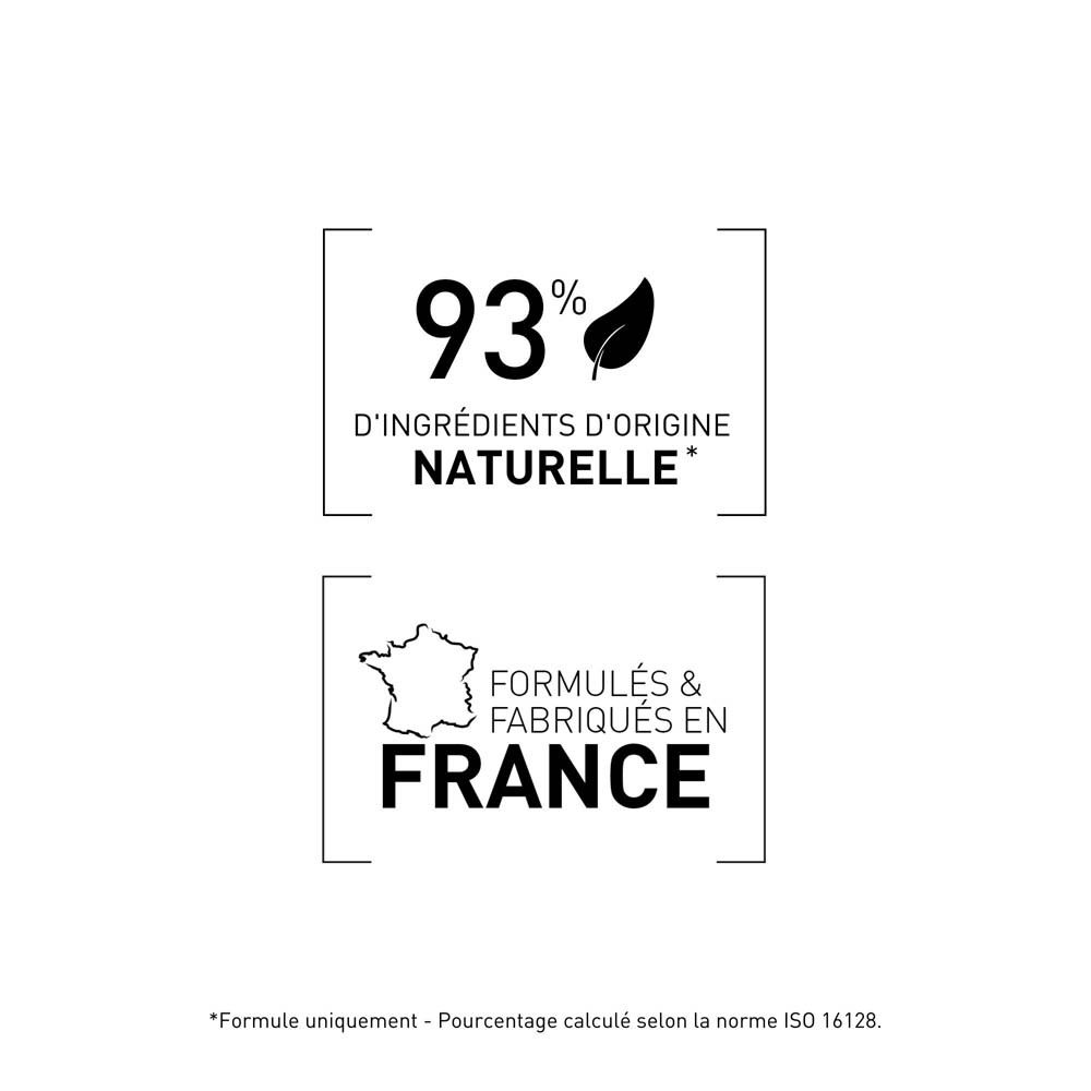 Texte: 93% D'INGRÉDIENTS D'ORIGINE NATURELLE. FORMULÉS & FABRIQUÉS EN FRANCE.