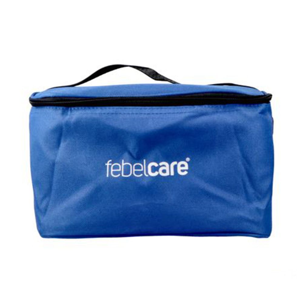 Sac bleu avec fermeture éclair et poignée noires. Le mot-symbole "febelcare" est visible sur le devant.