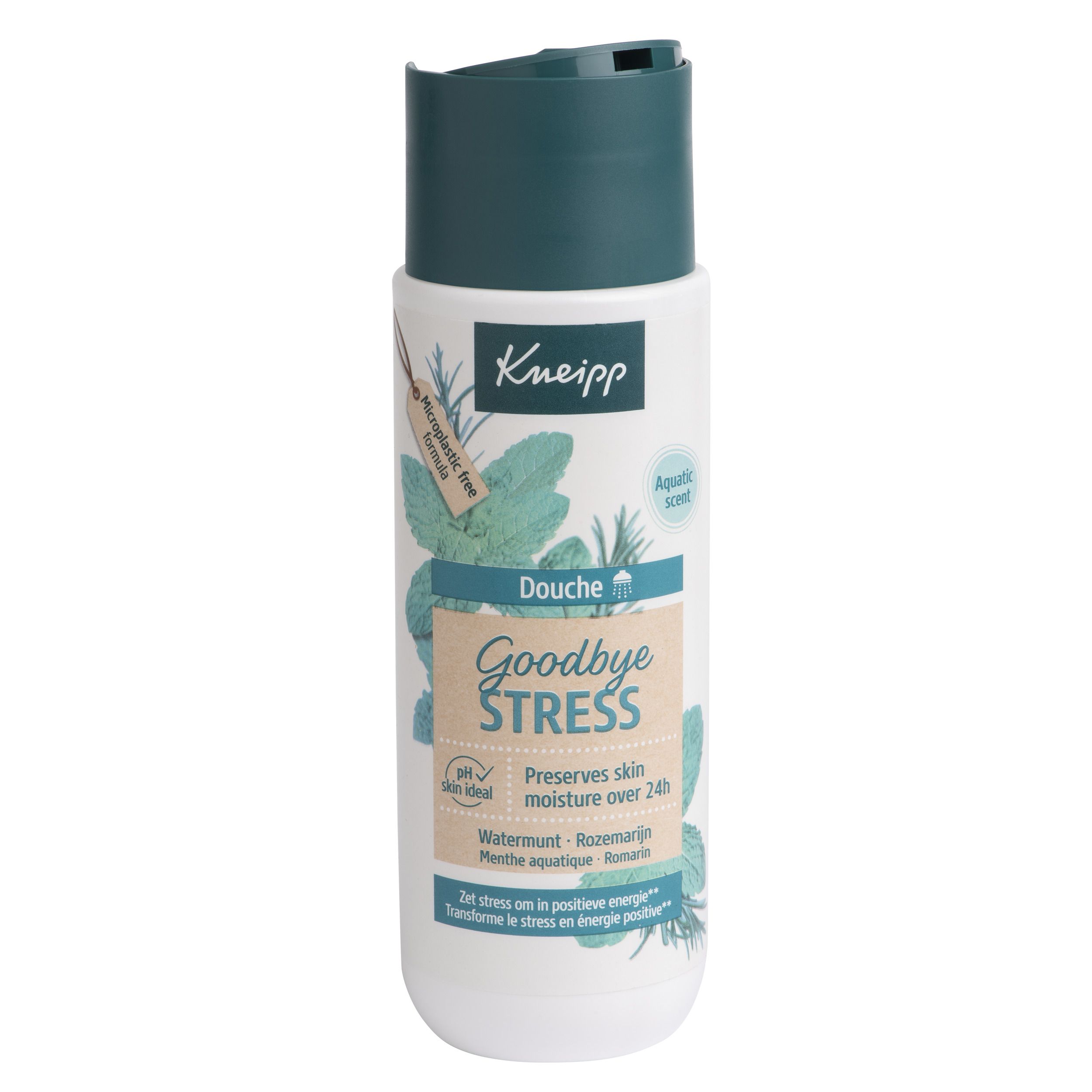 Flacon Kneipp Douche Goodbye Stress. Blanc avec bouchon vert. Label: Microplastic free formula, Aquatic scent, pH skin ideal.