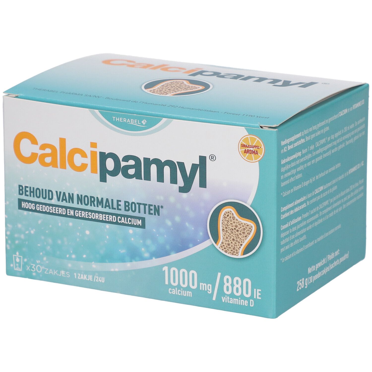 Doos Calcipamyl. Bevat 30 zakjes. Informatie over calcium en vitamine D. Illustratie van een bot.