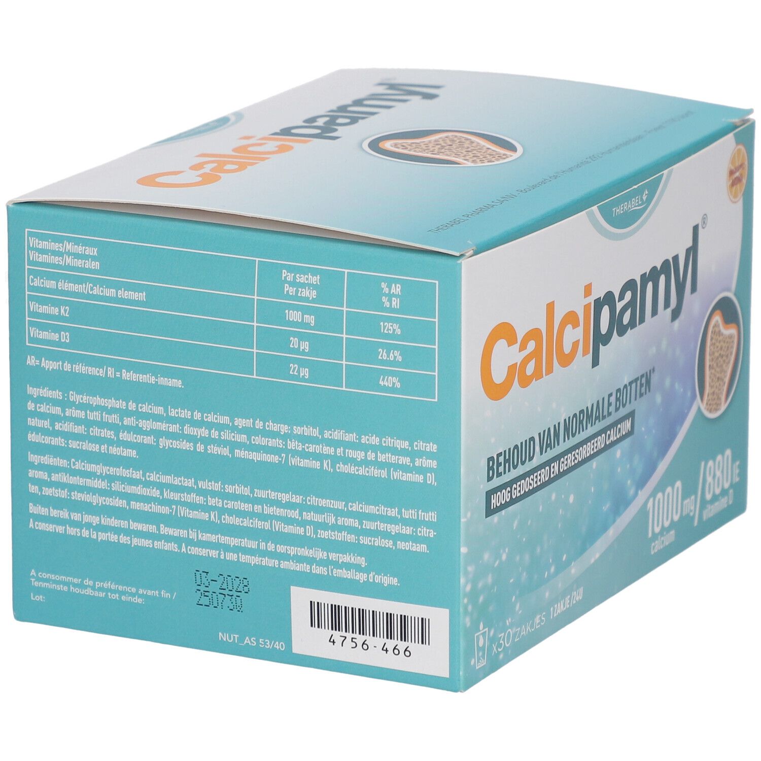 Doos Calcipamyl. Bevat informatie over ingrediënten en voedingswaarden. Illustratie van een bot.