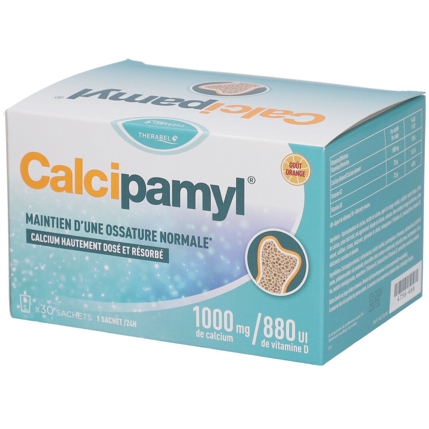 Doos Calcipamyl. Bevat 30 zakjes. Informatie over calcium en vitamine D. Illustratie van een bot.
