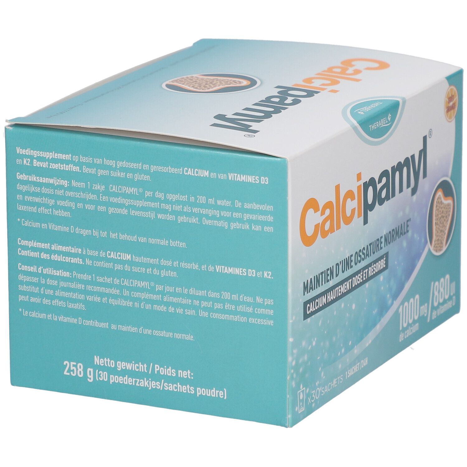 Doos Calcipamyl. Bevat informatie over ingrediënten en voedingswaarden. Illustratie van een bot.