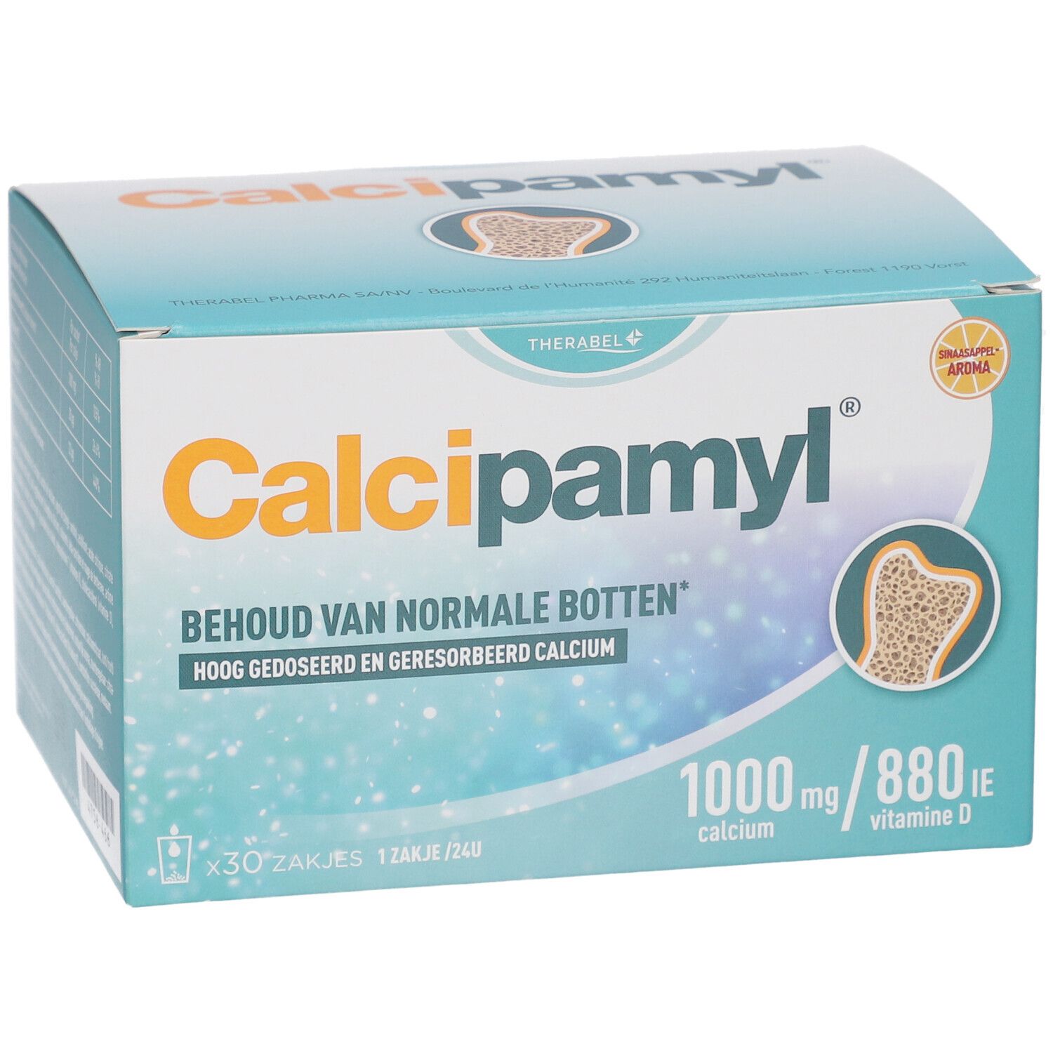 Doos Calcipamyl. Bevat 30 zakjes. Informatie over calcium en vitamine D. Illustratie van een bot.