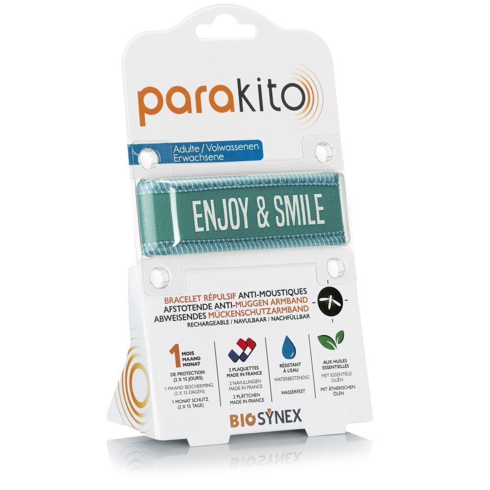 Bracelet anti-moustiques Parakito bleu pour adultes. Emballage avec informations et logo.