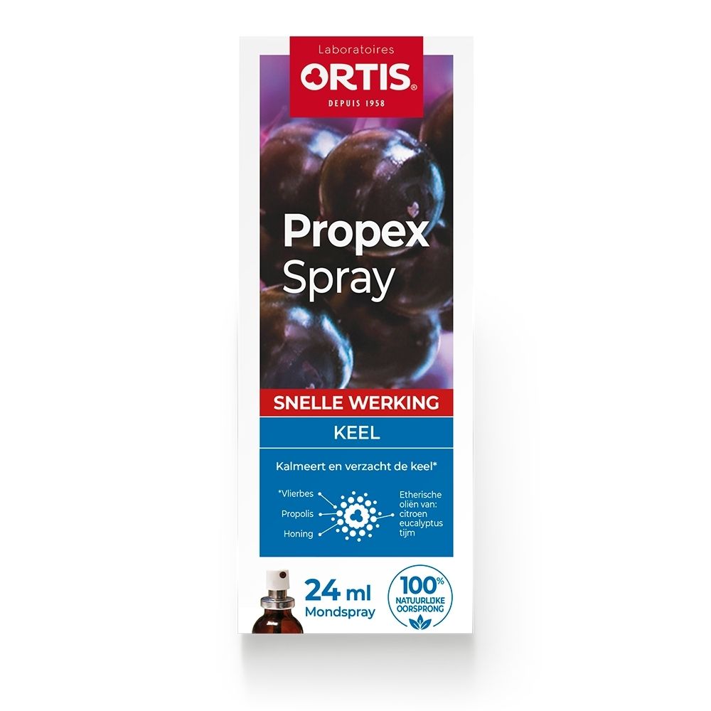 Ortis Propex Spray: Kartonnen verpakking met afbeelding van donkere bessen, productnaam en 24ml.