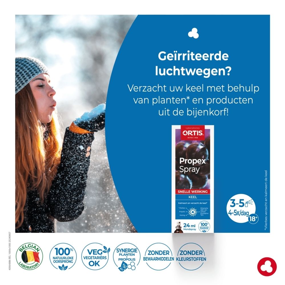 Ortis Propex Spray: Vrouw blaast sneeuw, met tekst over geïrriteerde luchtwegen en productafbeelding.