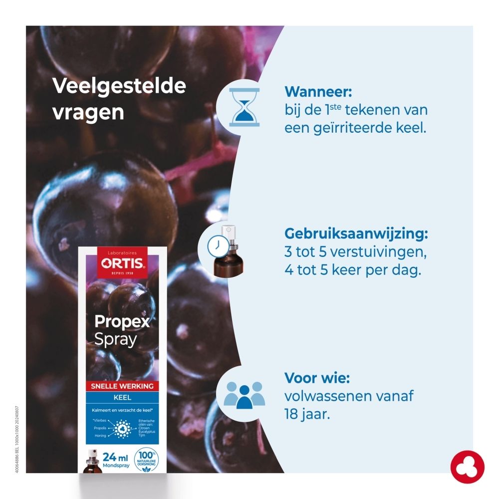 Ortis Propex Spray: Infographic over de voordelen van planten- en bijenkorfproducten voor de keel, met productafbeelding.