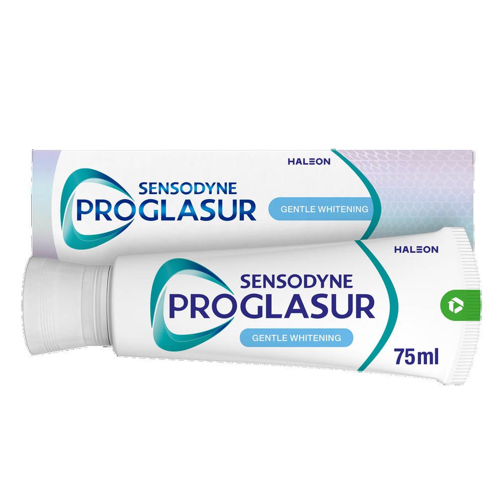 Tube et emballage de dentifrice. Sensodyne Proglasur, blanchiment doux. 75 ml. Design blanc et bleu.