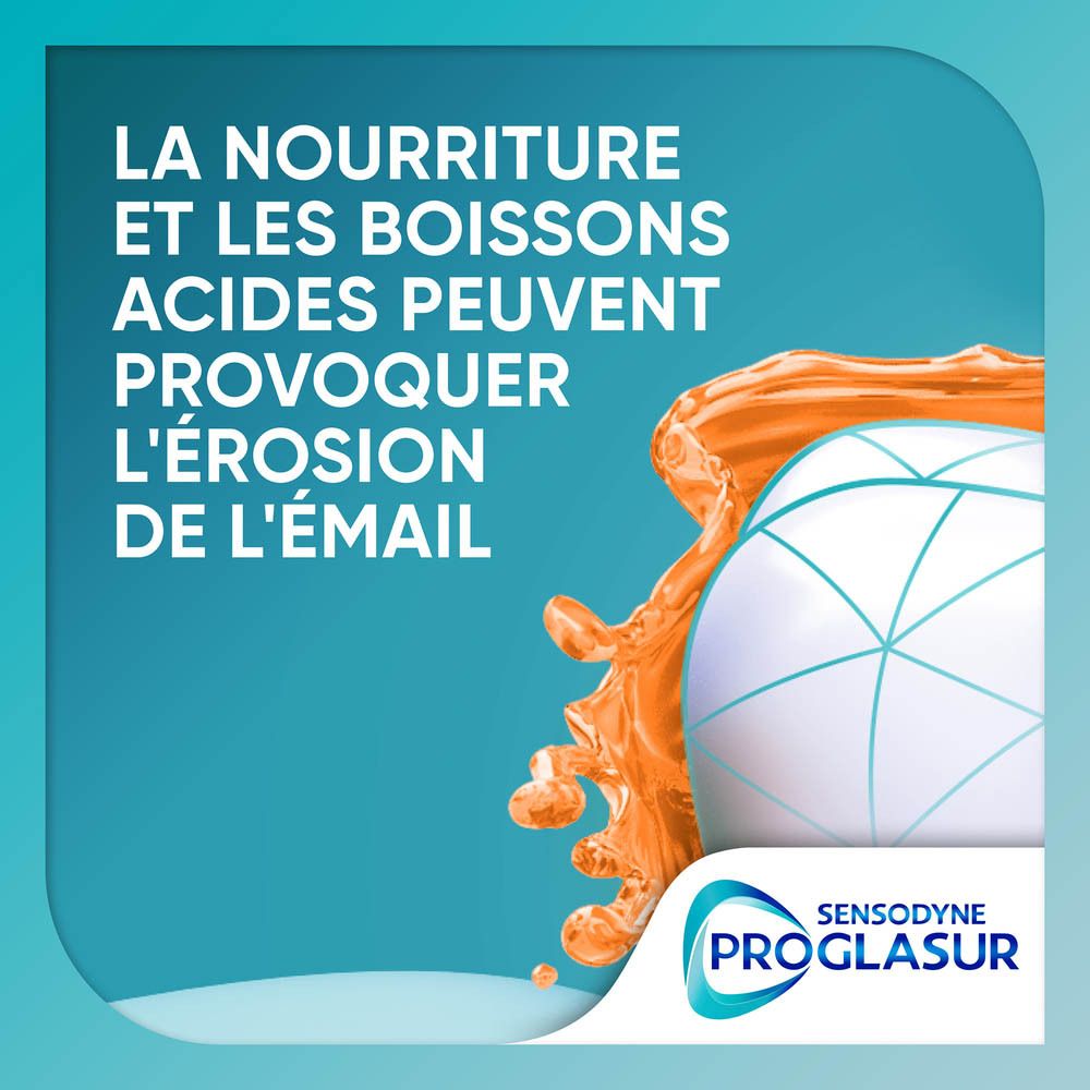 Texte avec liquide et modèle de dent. Sensodyne Proglasur. L'acide attaque l'émail.