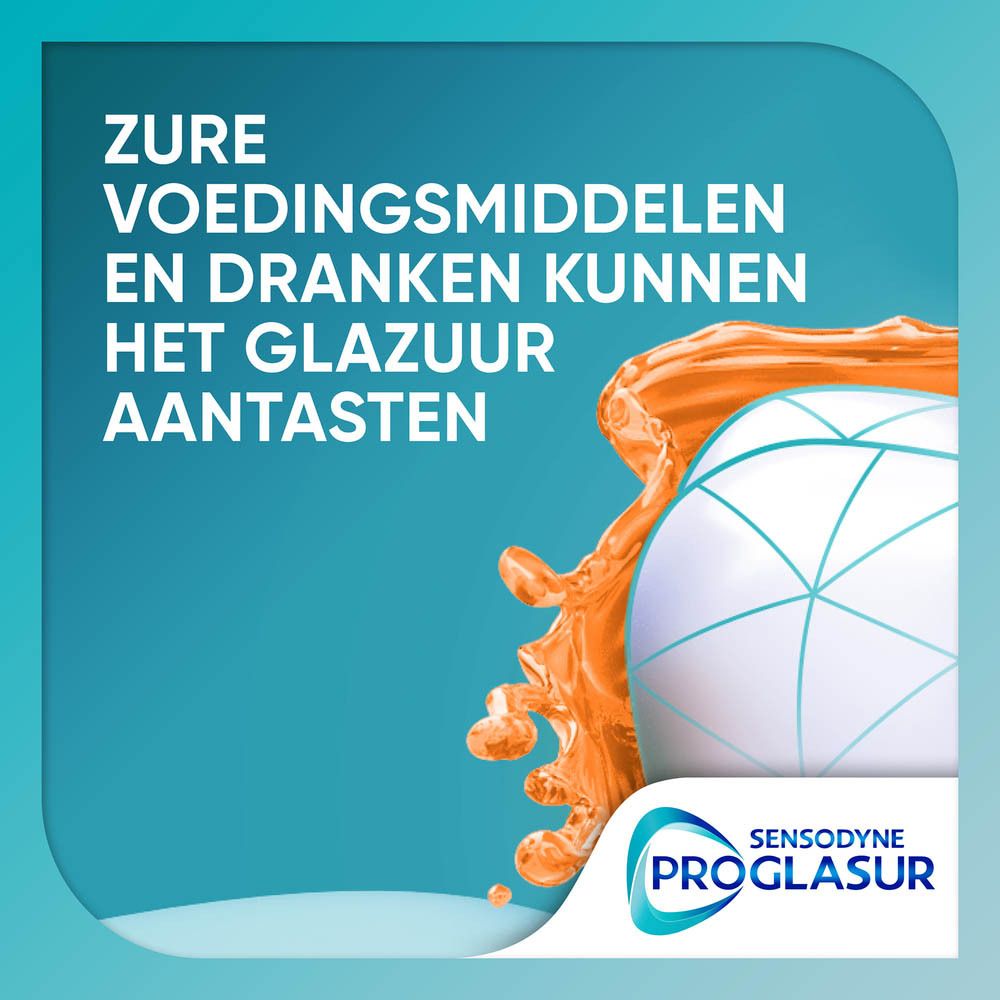Tekst met vloeistof en tandmodel. Sensodyne Proglasur. Zuur tast glazuur aan.