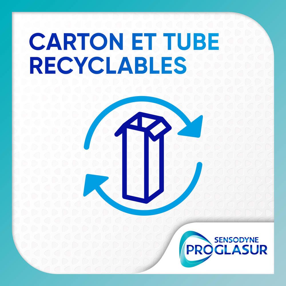 Symbole de carton et tube recyclables. Sensodyne Proglasur.
