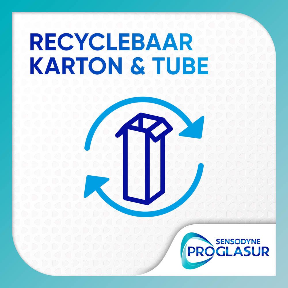 Symbool voor recyclebaar karton en tube. Sensodyne Proglasur.