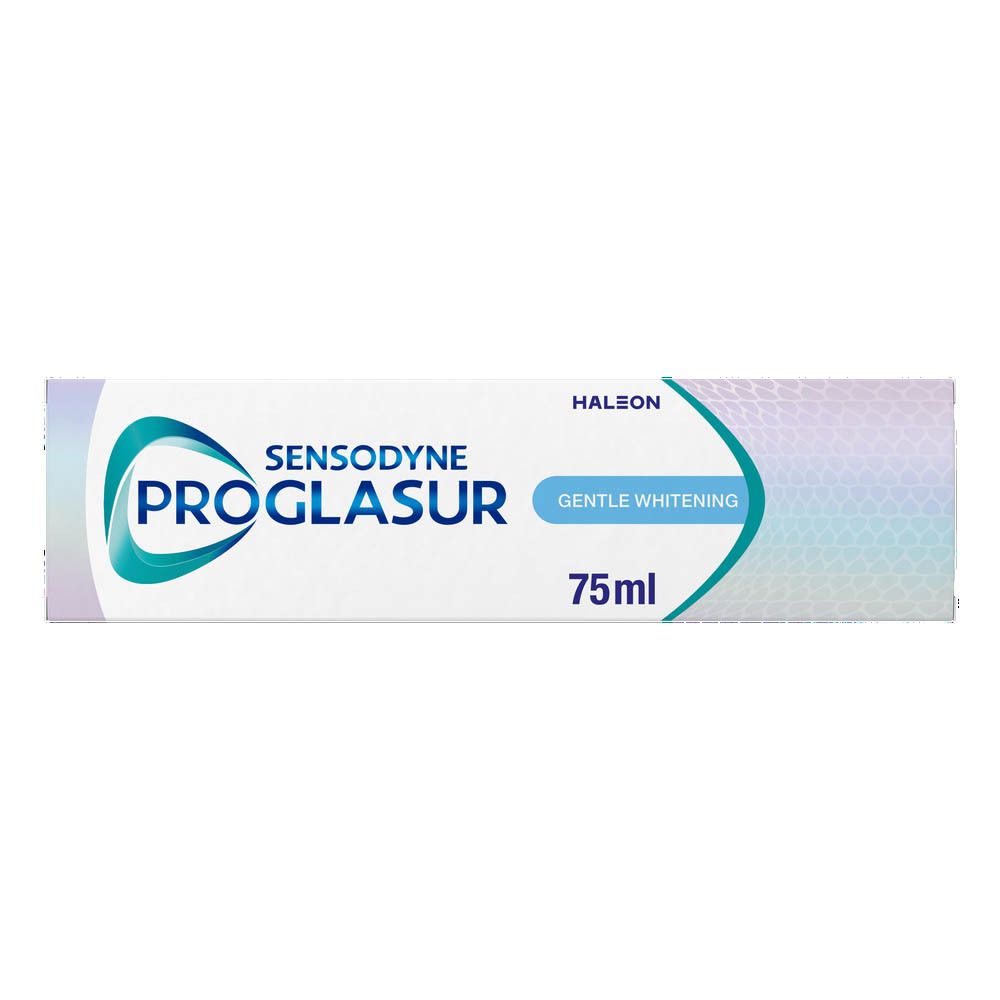 Tube de dentifrice. Sensodyne Proglasur, blanchiment doux. 75 ml. Design blanc et bleu.