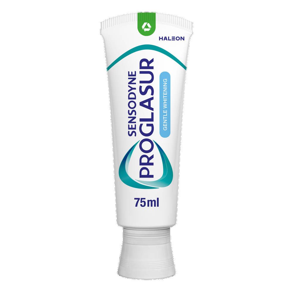 Tube de dentifrice. Sensodyne Proglasur, blanchiment doux. 75 ml. Design blanc et bleu.
