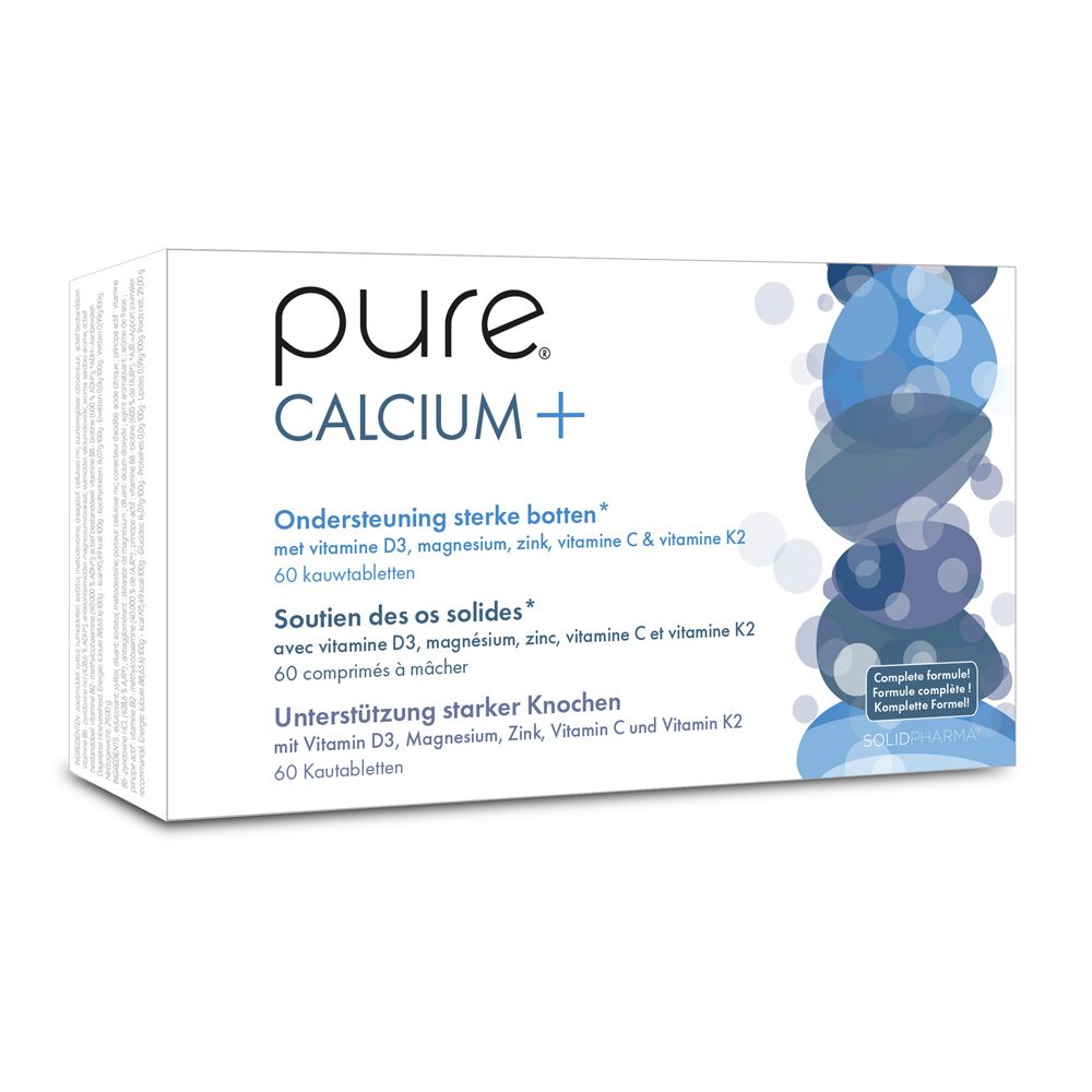Boîte blanche "pure CALCIUM+". Texte en néerlandais, français et allemand. Points bleus.