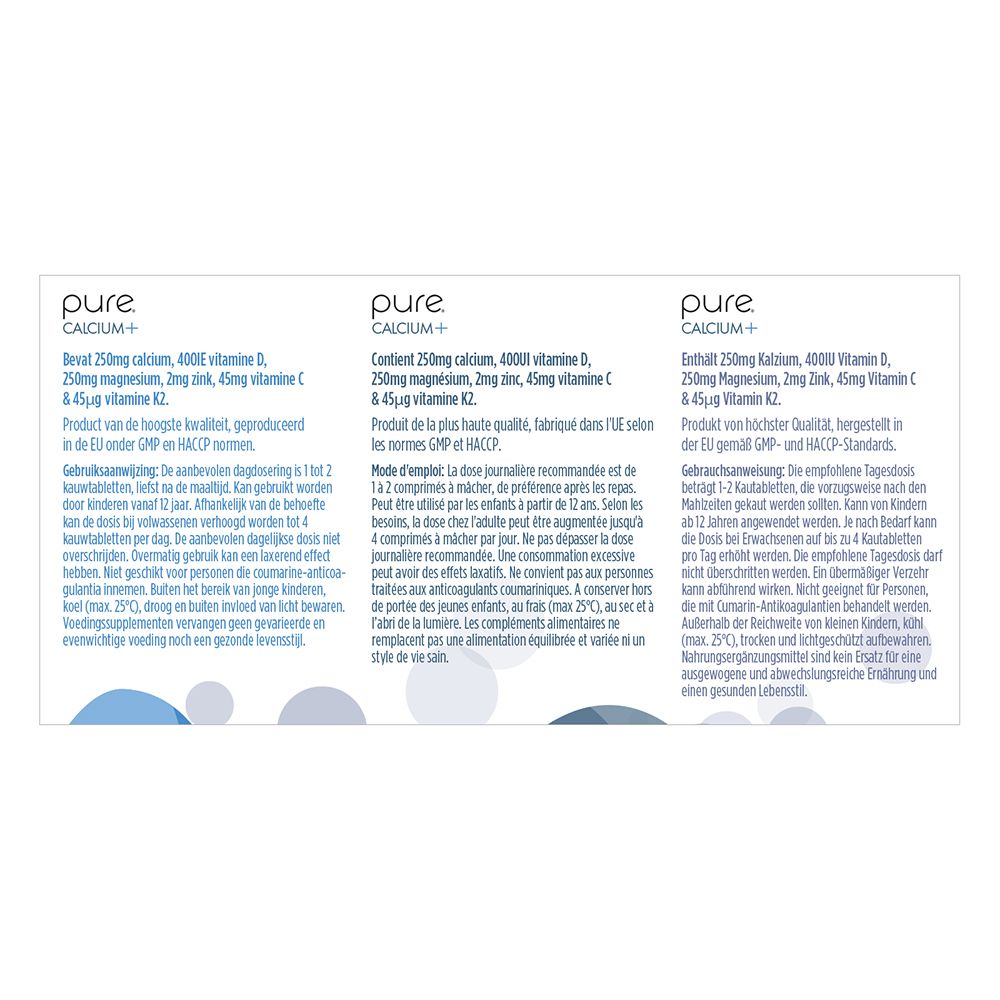 Twee dozen "pure CALCIUM+". Tekst en pijlen. Kauwtabletten. Achtergrond: beige.