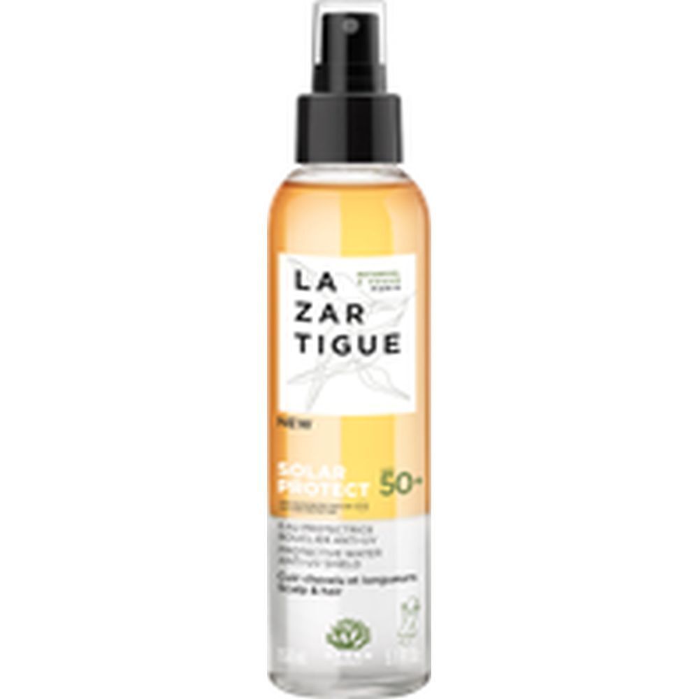 Spray LAZARTIGUE Solar Protect 50+. Flacon transparent, liquide jaune. Tête de pulvérisation noire. Étiquette avec texte.