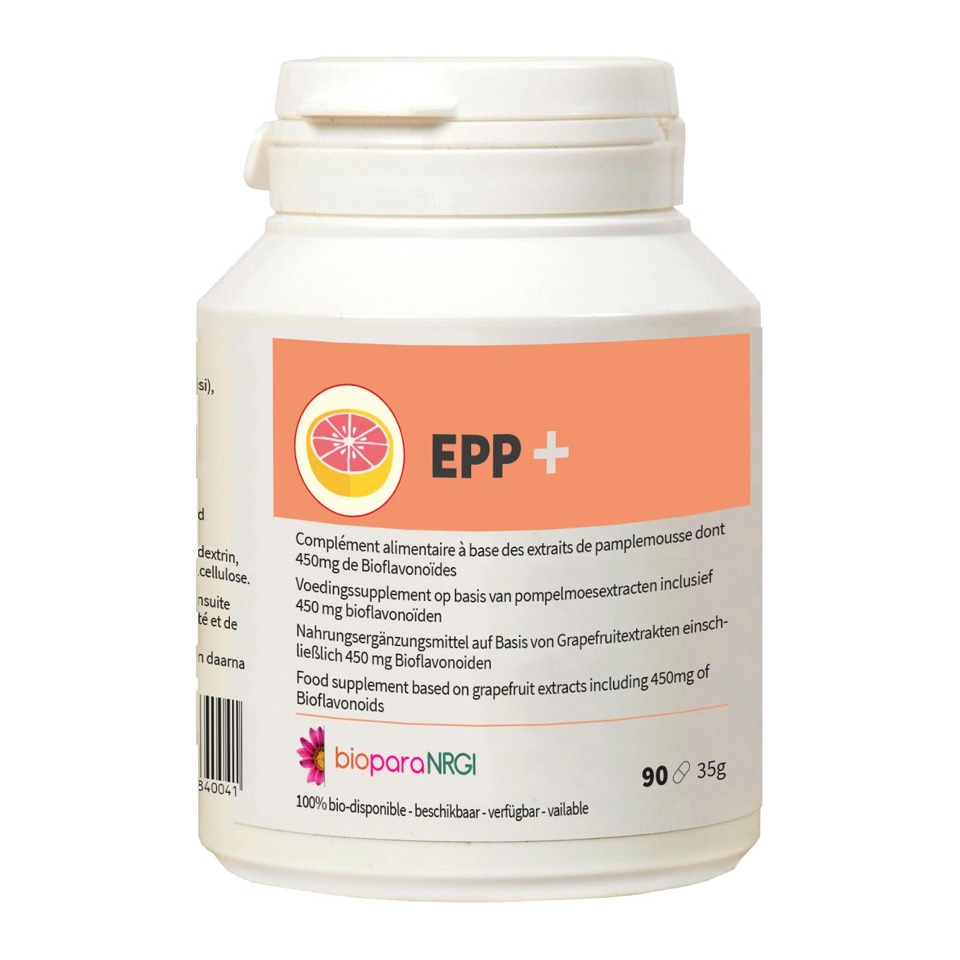 Witte voedingssupplementcontainer met oranje etiket. Opschrift: EPP+, 90 capsules, 35g. Merk: bioparaNRGI. Voedingssupplement.