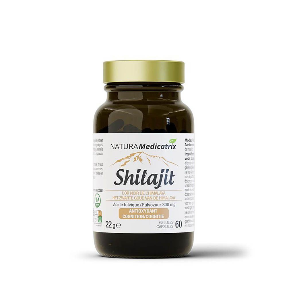 Flacon en verre brun avec couvercle doré. Étiquette avec nom du produit Shilajit et marque NaturaMedicatrix. 60 gélules.