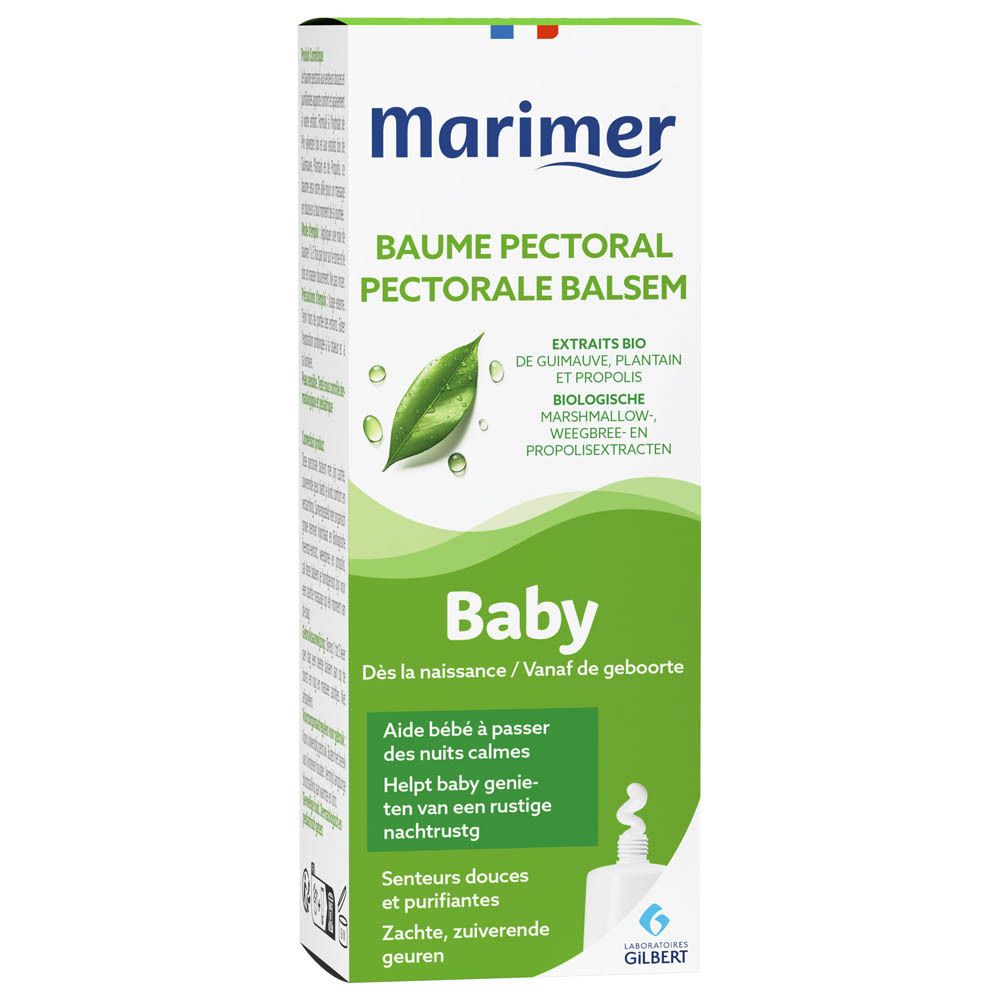 Groene doos met 'Marimer' en 'Baume Pectoral'. 'Baby' en beschrijving in meerdere talen.