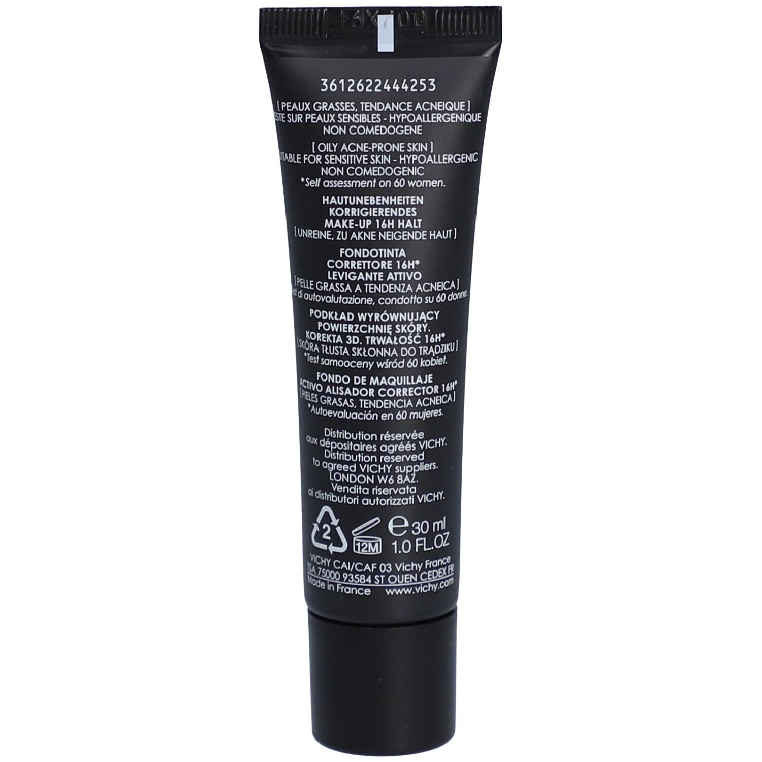 Achterkant tube Vichy Dermablend 3D Correction. Productinfo en ingrediënten. Zwarte achtergrond. Meertalige tekst.