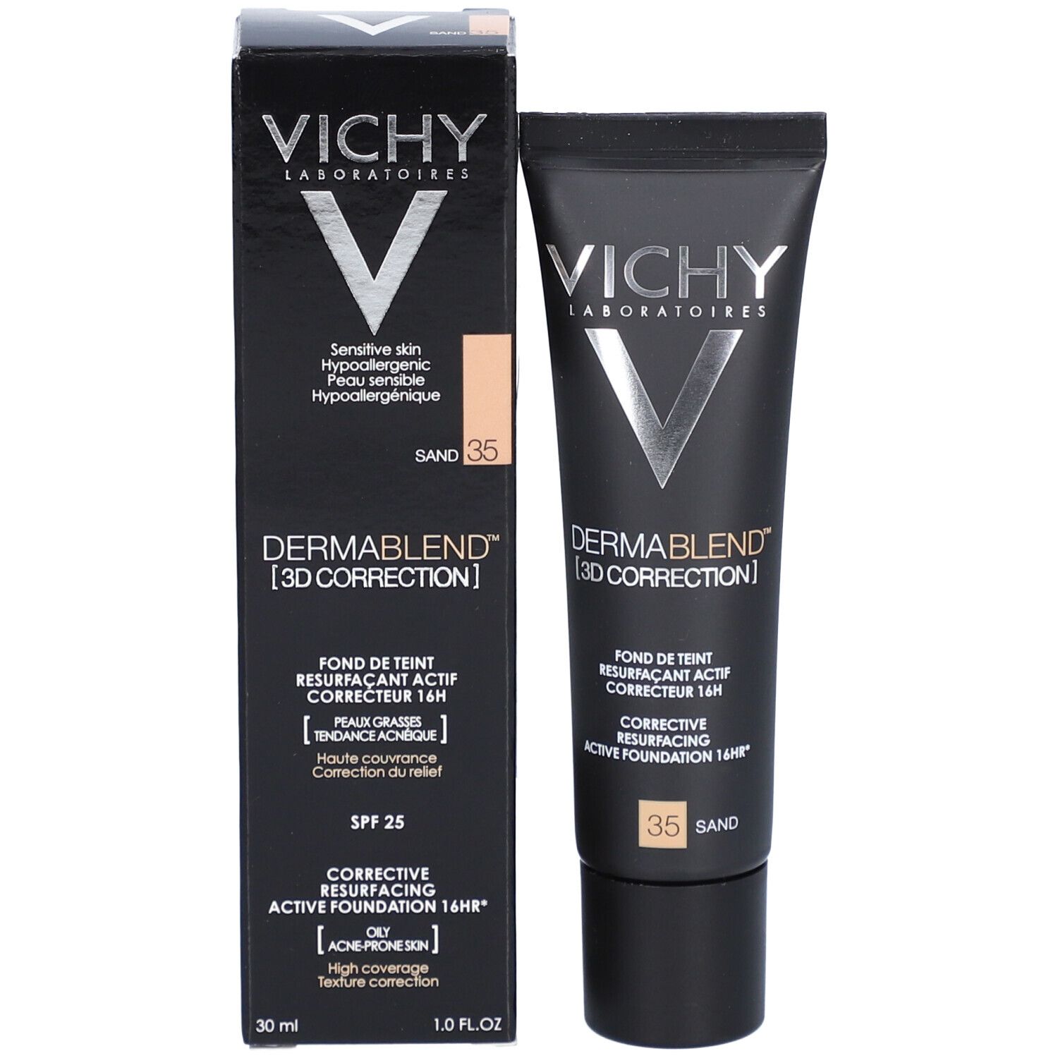 Fond de teint Dermablend 3D Correction et emballage. Boîte et tube noirs. Teinte 35 Sand.