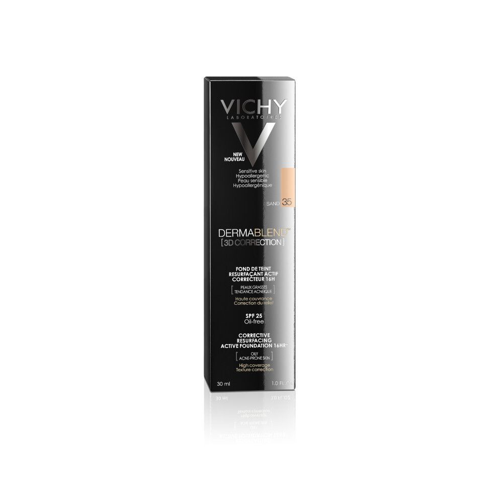 Fond de teint Dermablend 3D Correction et emballage. Boîte et tube noirs. Teinte 35 Sand.