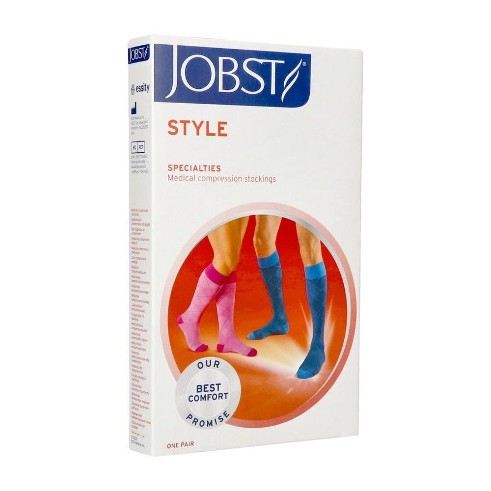 Zijaanzicht van de Jobst Style compressiekousen verpakking met maatinformatie.