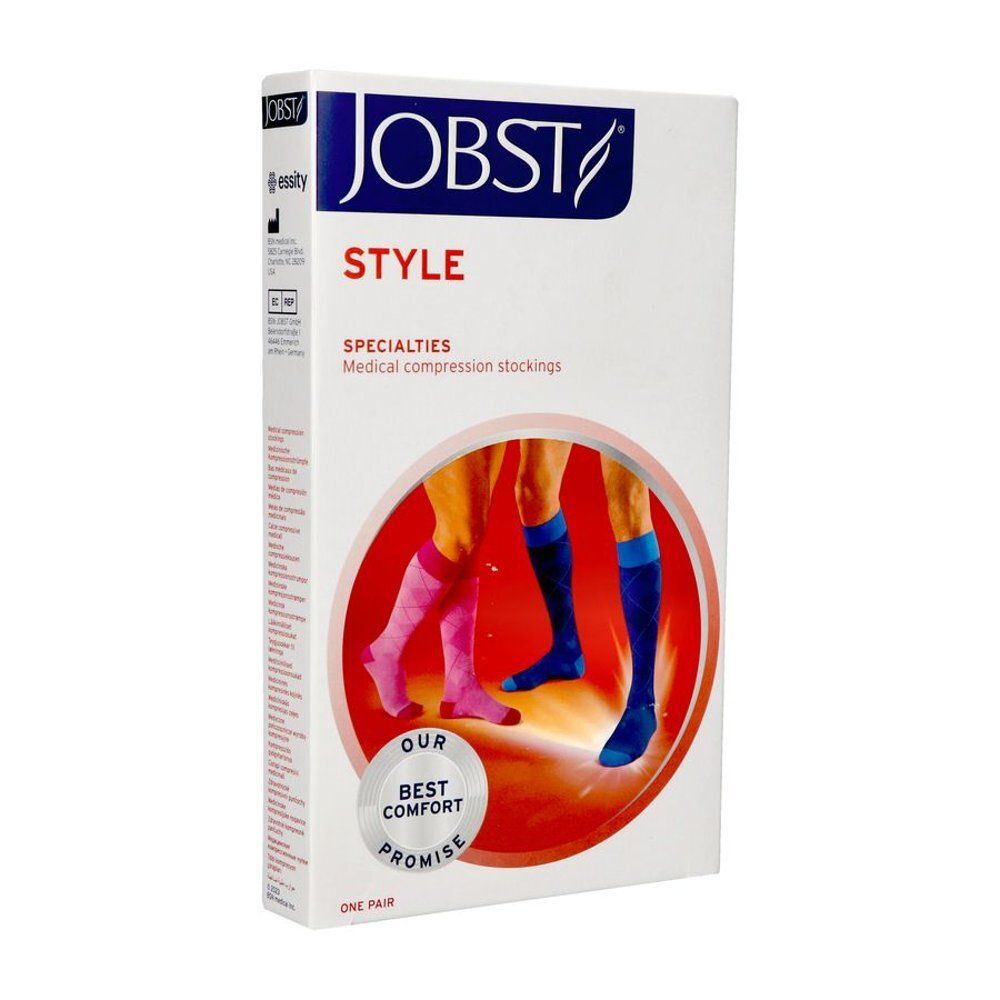 Jobst Style compressiekousen: Verpakking met afbeelding van twee beenparen in roze en blauw.