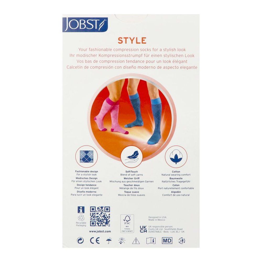 Jobst Style compressiekousen: Achterkant van de verpakking met productkenmerken en afbeelding van twee beenparen.