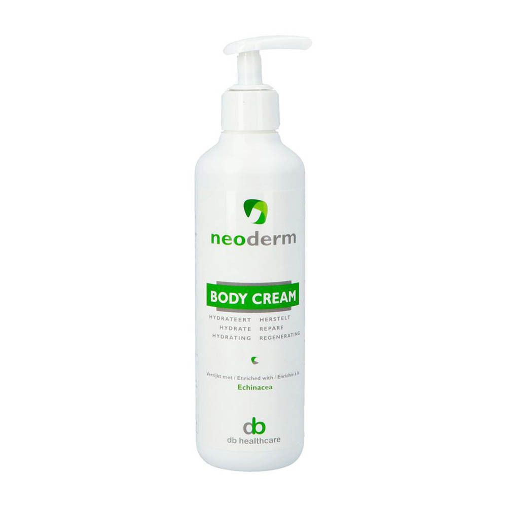 Flacon blanc avec pompe. Inscription : neoderm, Body Cream. Contient de l'échinacée. Logo db healthcare.