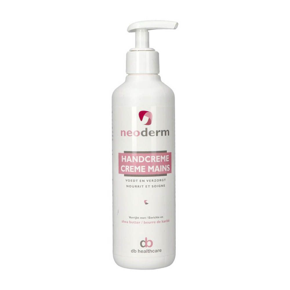 Witte fles met doseerpomp. Opschrift: Neoderm Crème Mains. Logo en tekst in roze. Onderaan: db healthcare.