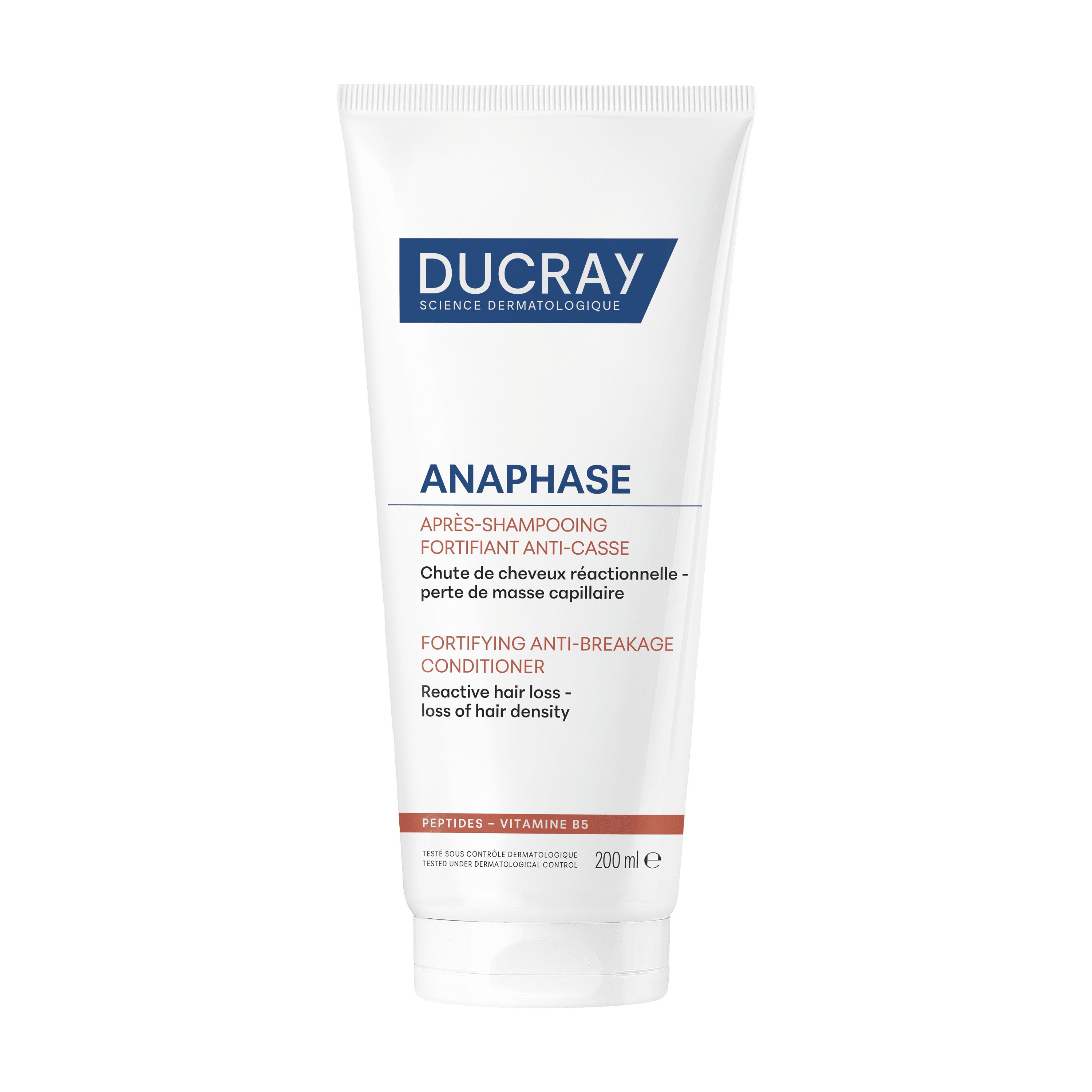 Tube blanc Ducray Anaphase+ Conditionneur. Inscription bleue, bande rouge. Texte: Fortifying Anti-Breakage Conditioner.