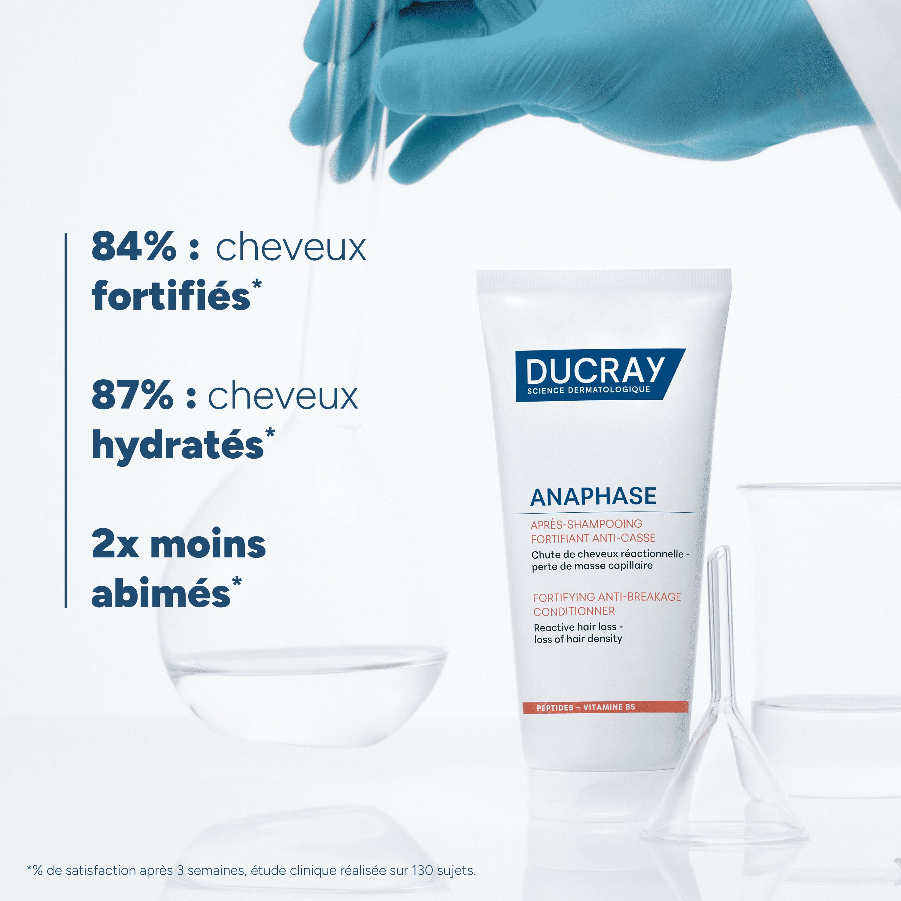 Image de laboratoire avec produit et diagramme. Texte: 84% cheveux fortifiés, 87% hydratés, 2x moins abîmés.