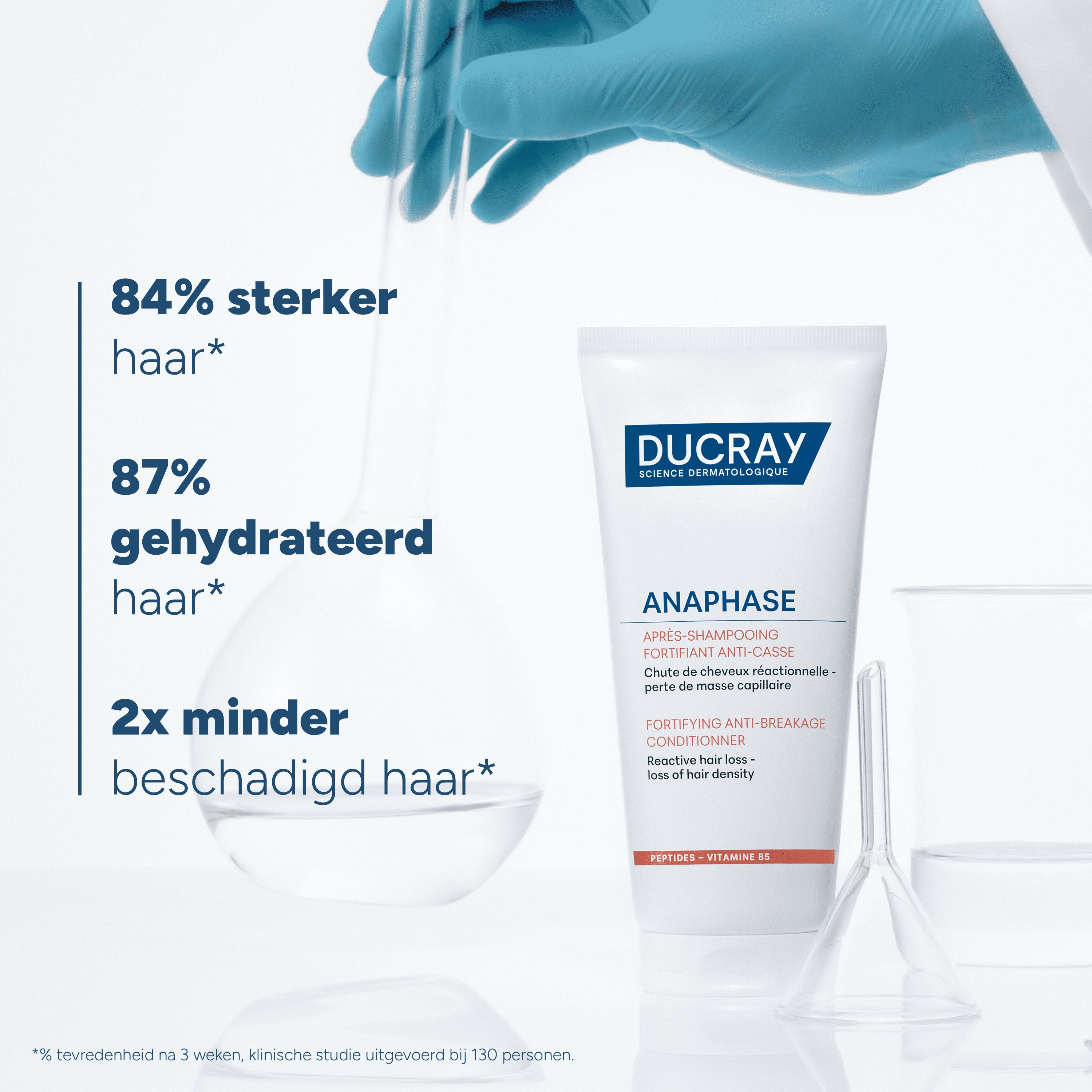 Laboratoriumbeeld met product en diagram. Tekst: 84% sterker haar, 87% gehydrateerd haar, 2x minder beschadigd haar.
