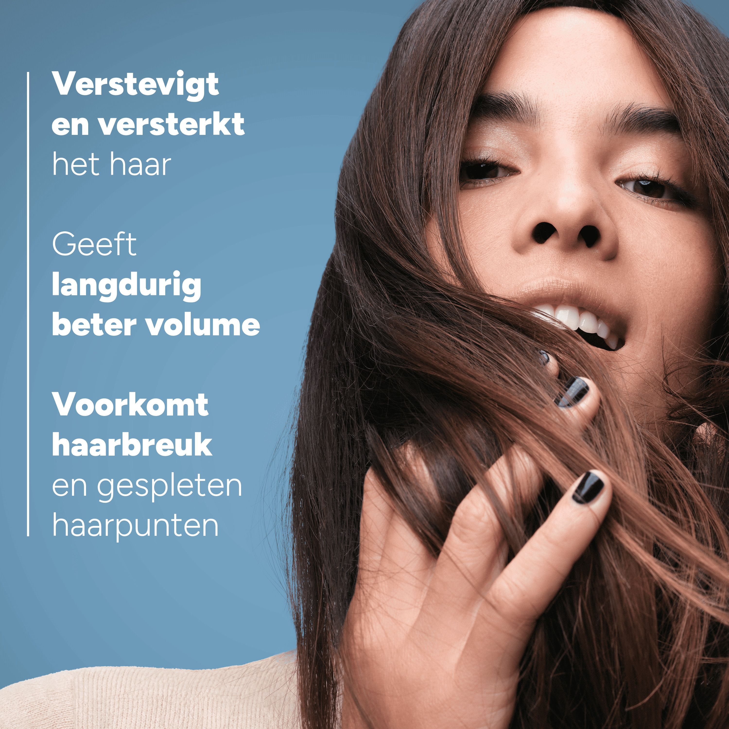 Vrouw met haar. Tekst: Verstevigt en versterkt het haar, geeft volume, voorkomt haarbreuk.