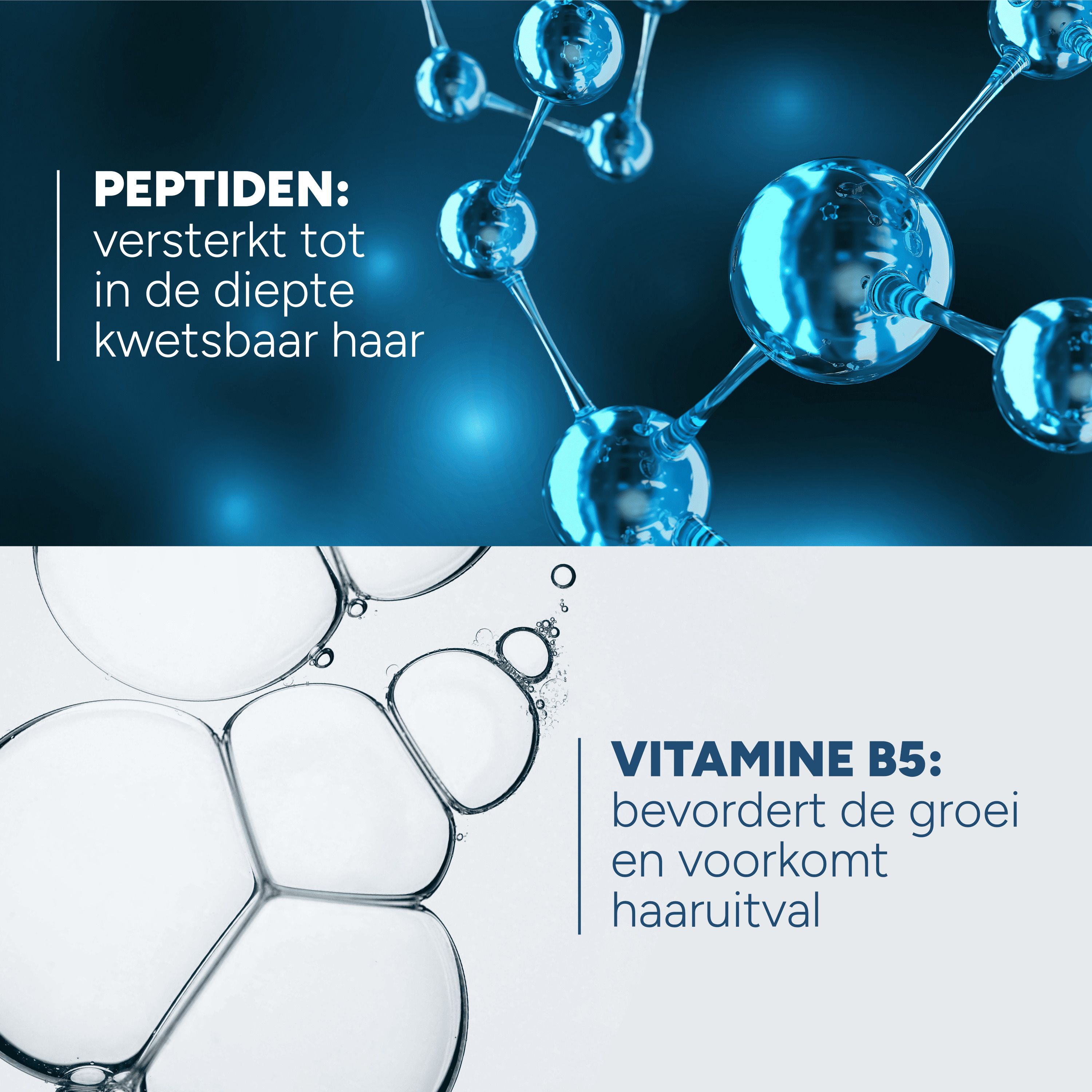 Close-up van moleculen en schuim. Tekst: Peptiden versterken, vitamine B5 bevordert de groei.