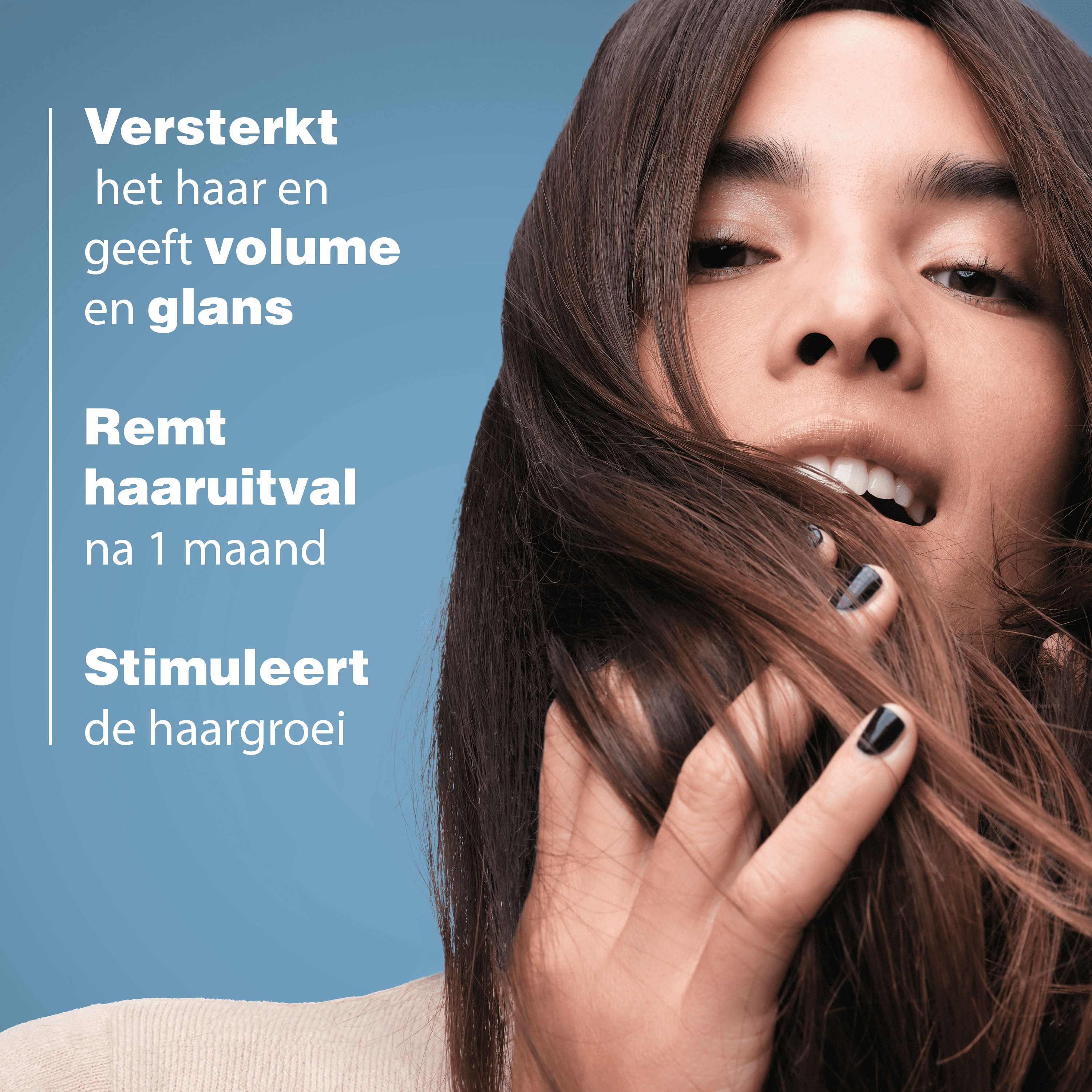 Vrouw met bruin haar. Tekst: Versterkt het haar, geeft volume en glans, remt haaruitval.