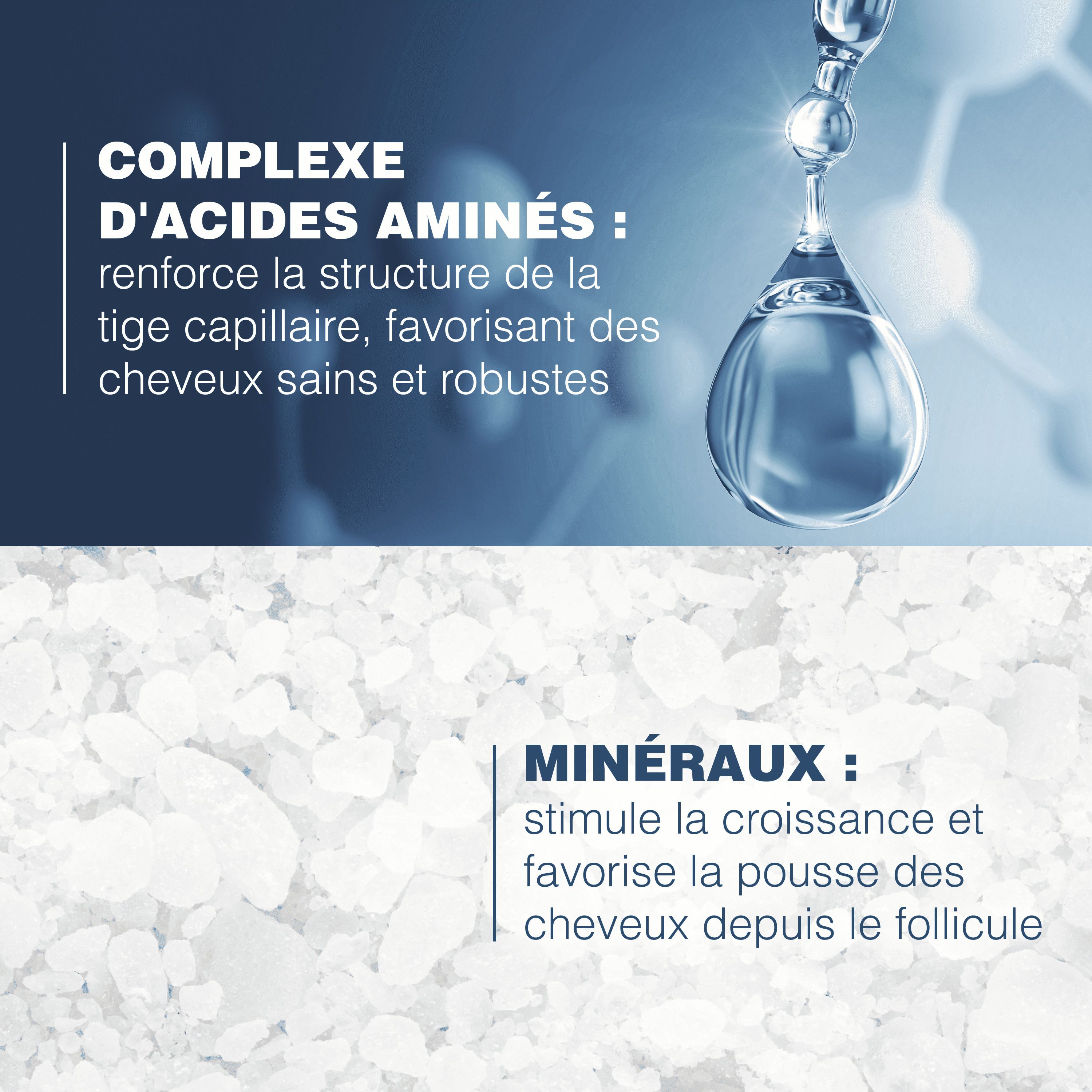 Gros plan sur gouttes d'eau et cristaux. Texte: Complexe d'acides aminés, minéraux.