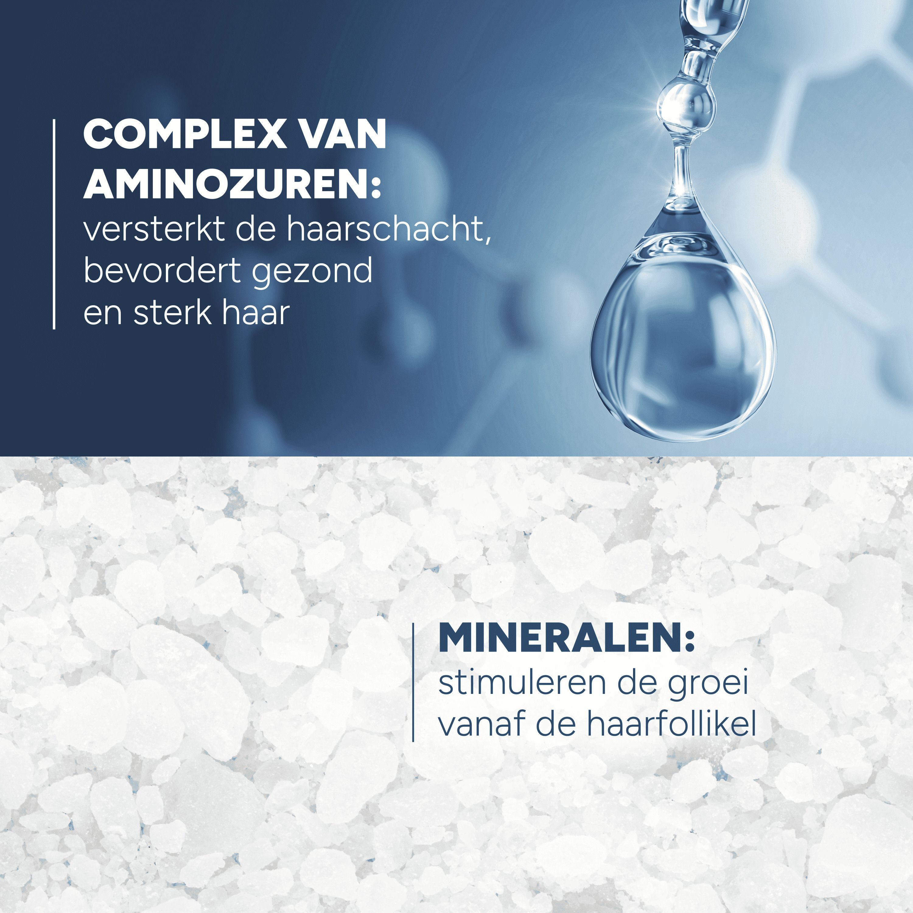 Close-up van waterdruppels en kristallen. Tekst: Aminozuren, mineralen.
