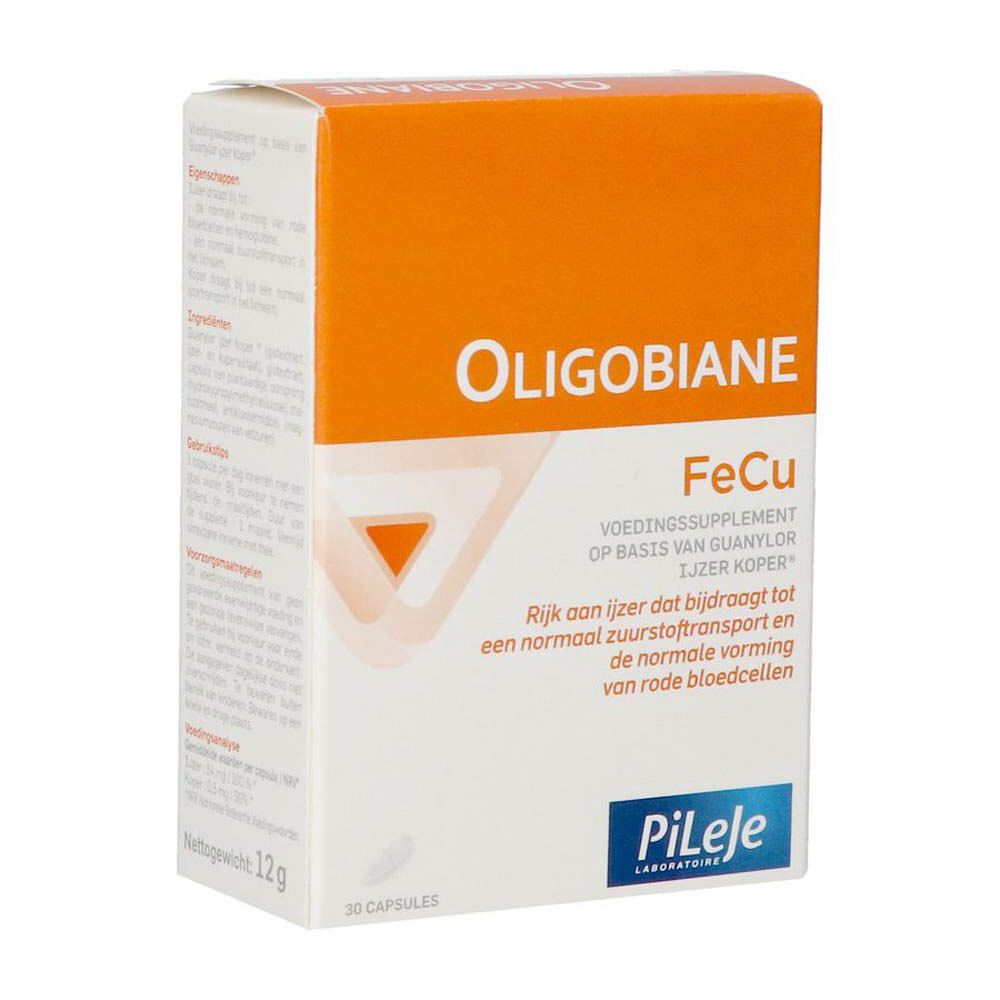 Oligobiane FeCu-verpakking. Oranje-witte doos met productnaam, informatie en logo. 30 capsules, 12g.