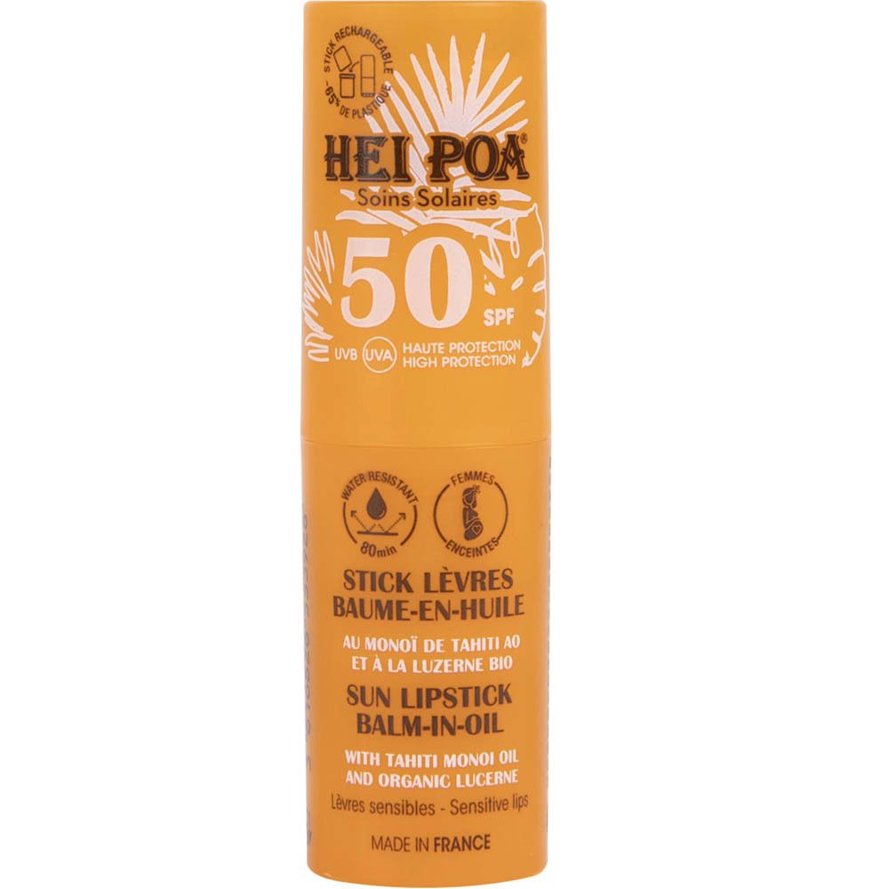 Stick lèvres jaune SPF 50. Texte: Hei Poa, Soins Solaires, Stick Lèvres Baume-en-Huile, Sun Lipstick Balm-in-Oil.