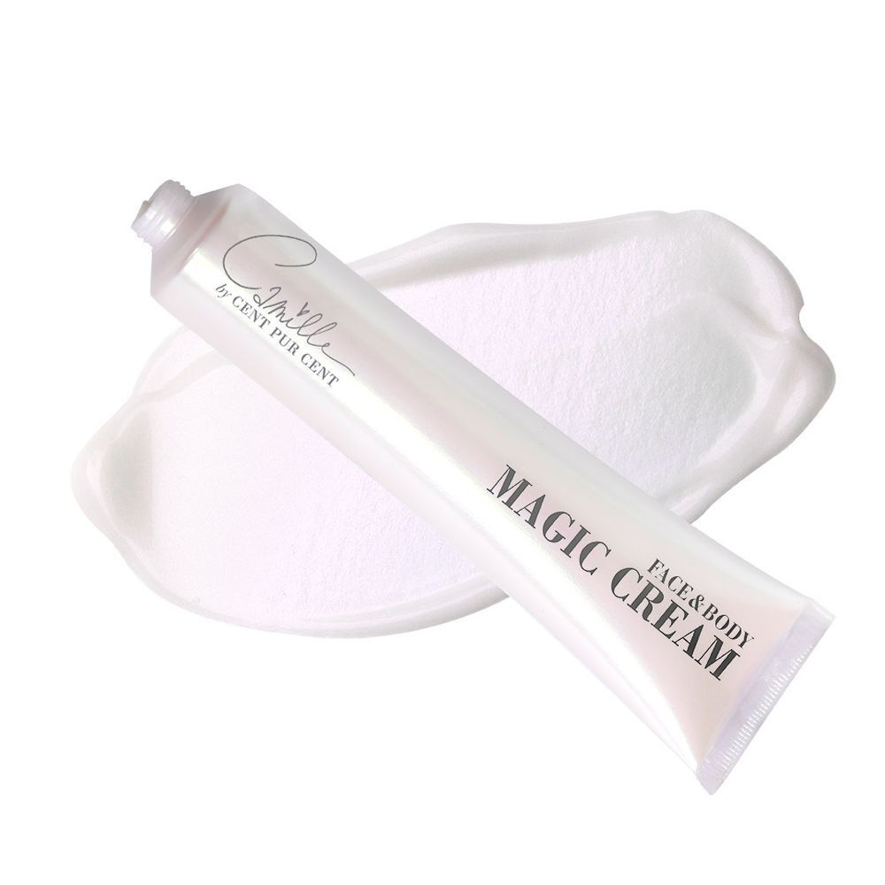 Tube de crème et une touche de crème. Inscription : Camille by Cent Pur Cent, Magic Cream Face & Body.