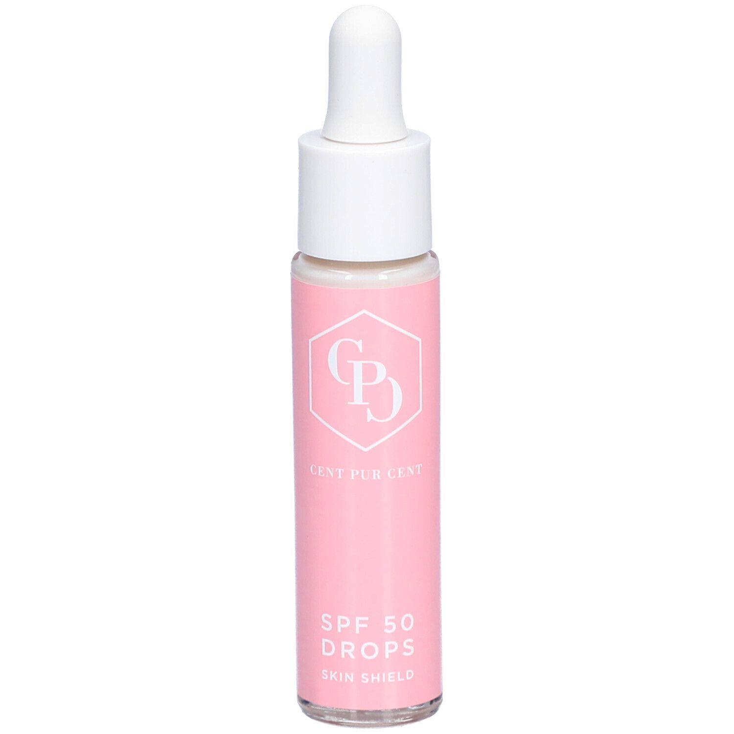 Flacon rose avec bouchon blanc et pipette. Inscription : Cent Pur Cent, SPF 50 Drops, Skin Shield.