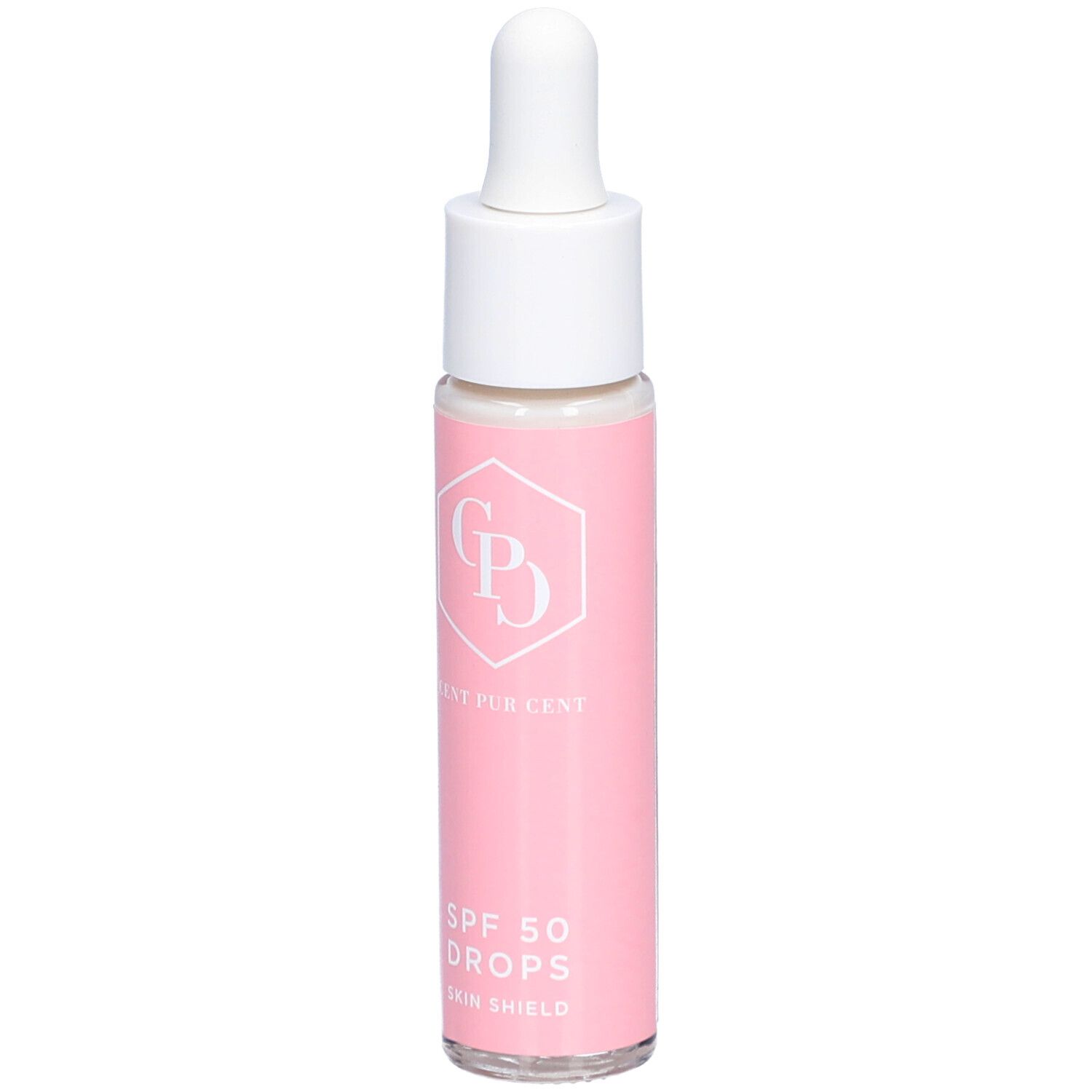 Flacon rose avec bouchon blanc et pipette. Inscription : Cent Pur Cent, SPF 50 Drops, Skin Shield.