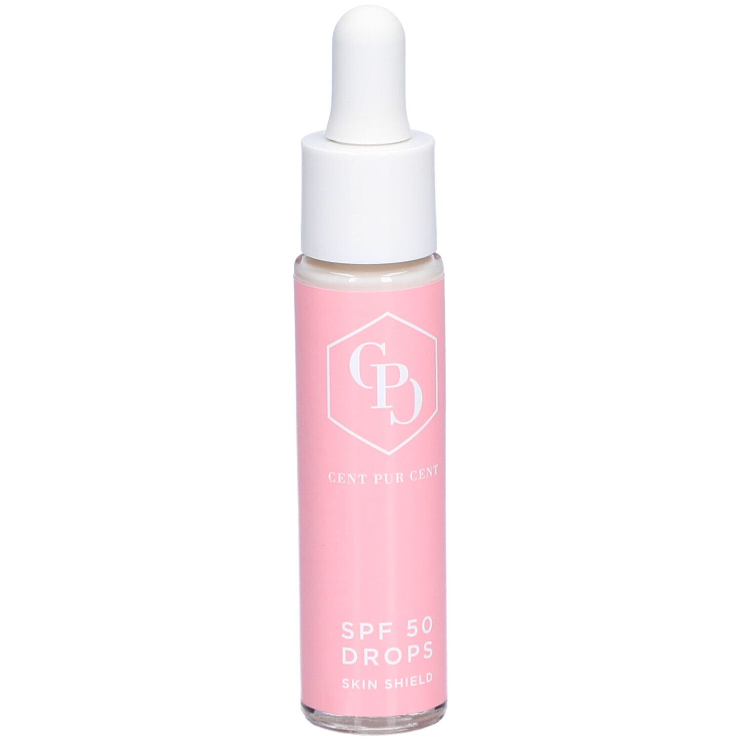 Flacon rose avec bouchon blanc et pipette. Inscription : Cent Pur Cent, SPF 50 Drops, Skin Shield.
