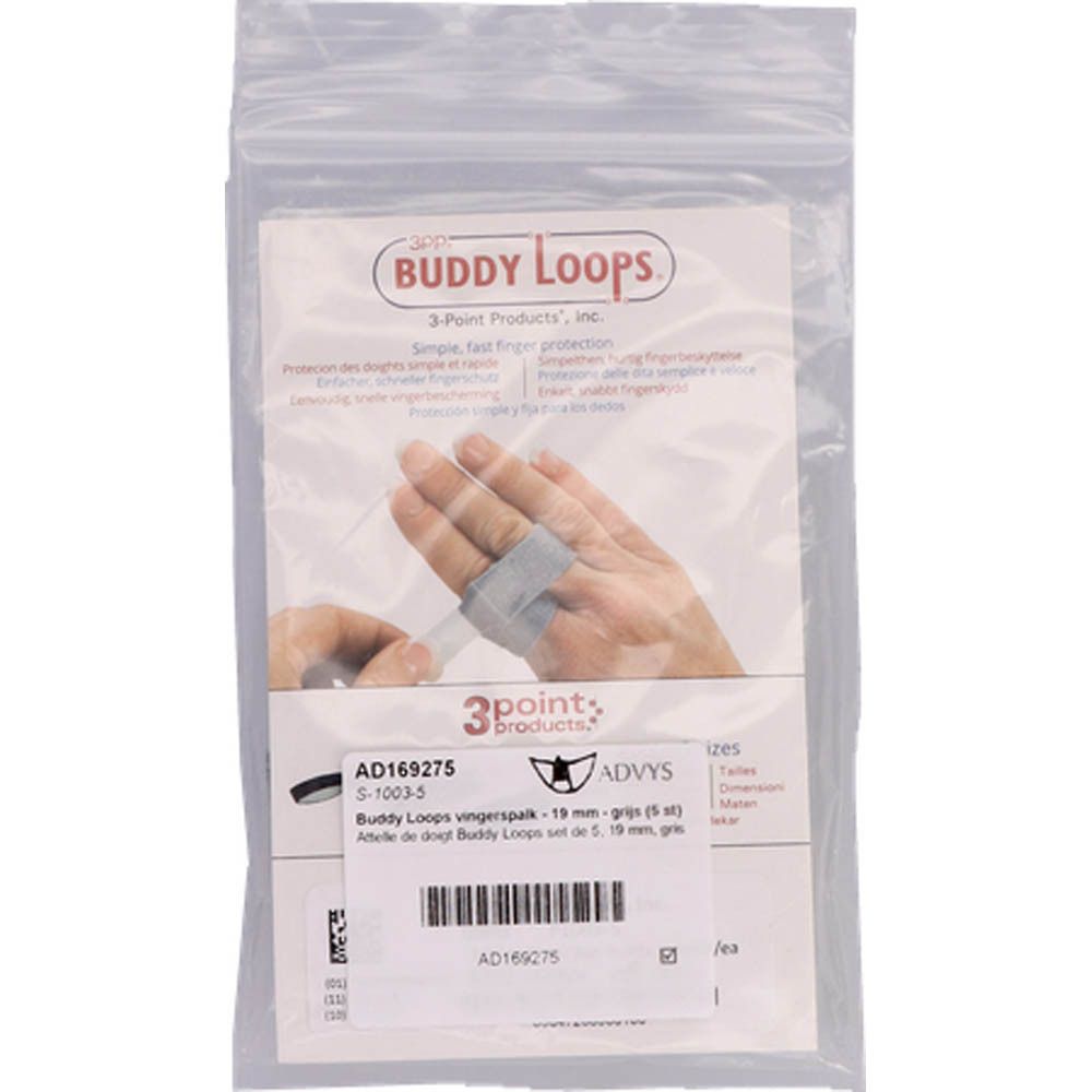 Emballage de Buddy Loops. Marque 3-Point Products. Attelle de doigt en cours d'utilisation. 19 mm. CE.
